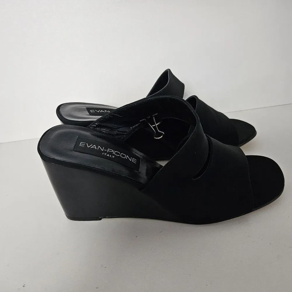 Evan Picone Size 7.5 Black Fabric Slip-on Mule Wedge Sandal Shoes‎ NEW